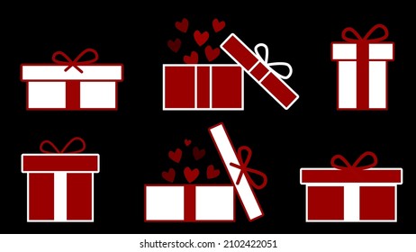 Vector set of gift boxes decorated with bows and hearts. Isolated icons. Flat design.