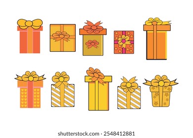 Conjunto de Vector de cajas de regalo en diferentes Colores con cintas decorativas para soluciones de diseño, encantadoras Ilustraciones de cajas de regalo de colores con arcos con estilo para ocasiones festivas, conjunto de regalo colorido B