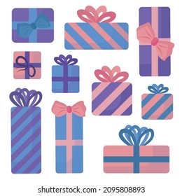 Vector set of gift boxes in a flat style isolated on a white background. Gift boxes in pastel pink, lilac, blue colors with bows. Perfect for postcards, stickers