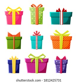 Vector set of gift boxes icons in color for New Year, Christmas or celebration party events.