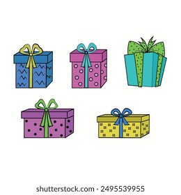 Vector set of gift boxes. A set of New Year's gifts, gifts for the New Year. Colorful gift boxes. Collection of cartoon gift boxes