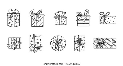 Vector set of gift boxes in outline style. Celebration