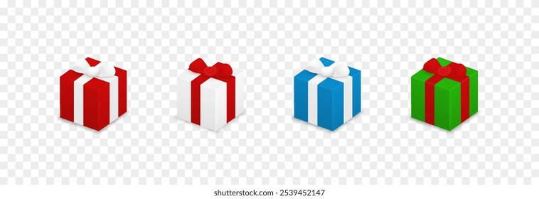 Vektor-Set von Geschenkboxen png. Mehrfarbige Geschenke auf transparentem Hintergrund. Weihnachten oder Neujahr Geschenke.