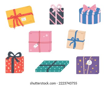 Vector set with gift boxes. Presents with ribbon, rope and bow. Gifts with labels. Cute illustration with striped or polka dots presents for Christmas, Birthday or other celebration in flat design. 