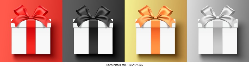 Vector set of gift boxes wrapped with red, black, golden, and silver color ribbons, lying down on a flat surface. Realistic square shape vector giftbox background.