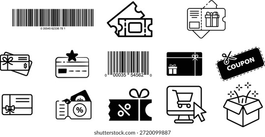 Vector conjunto de Tarjetas de regalo, Cupones de descuento, códigos de barras, entradas e íconos de compras en línea para promociones, programas de lealtad y marketing de comercio electrónico.