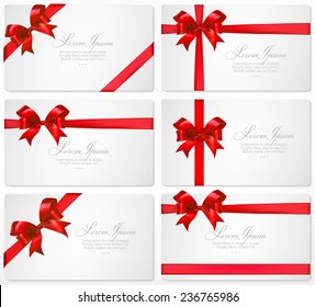 Vector set of gift cards with red bows and ribbons