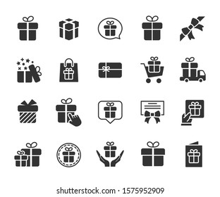 Vector set of gift flat icons. Contains icons of surprise box with bow, certificate, gift card and more. Pixel perfect, scalable 24, 48, 96 pixels.