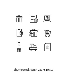 Vektorset mit Symbolen der Geschenklinie Symbol. Enthält Symbole von Box, Bogen, Überraschung, Zertifikat, Geschenkkarte und mehr, auf weißem Hintergrund. eps10