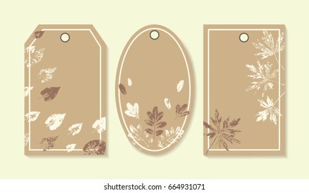 Vector Set of Gift Tags with Leaf Stamp. Leaf imprints design collection. Vintage Eco Labels with Leaves Silhouettes  