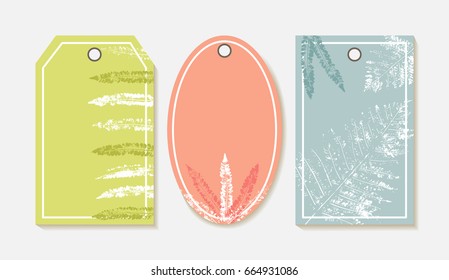 Vector Set of Gift Tags with Leaf Stamp. Leaf imprints design collection. Vintage Eco Labels with Leaves Silhouettes  