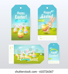 Vector set of Gift Tags with title “Happy Easter” and “Egg Hunt” with colored eggs and cute bunny. Labels with spring scene for holiday design. Isolated from the background.