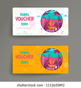 Vector Set Of Gift Travel Voucher. Template For A Festive Gift Card, Coupon And Certificate. Discount Coupon Template. Vector Illustration EPS10