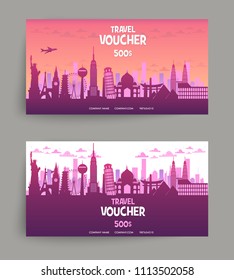 Vector Set Of Gift Travel Voucher. Template For A Festive Gift Card, Coupon And Certificate. Discount Coupon Template. Vector Illustration EPS10