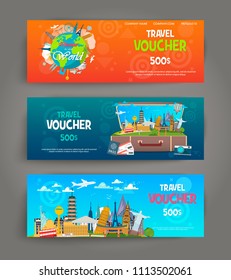 Vector Set Of Gift Travel Voucher. Template For A Festive Gift Card, Coupon And Certificate. Discount Coupon Template. Vector Illustration EPS10