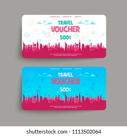 Vector Set Of Gift Travel Voucher. Template For A Festive Gift Card, Coupon And Certificate. Discount Coupon Template. Vector Illustration EPS10