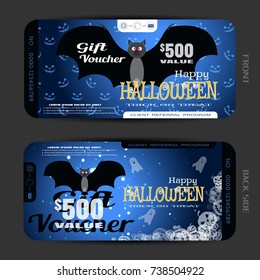 Vector set of gift voucher to Halloween with vampire, ghosts, transparent pumpkins, text, sparkles on the gradient dark blue background with pattern of smiles.