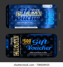 Vector set of gift voucher to Halloween with text on the gradient dark blue background with pattern of smiles.