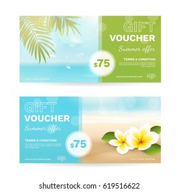 Vector set of gift vouchers with beach, sea, palm leaves, tropical flowers. Summer template with plumeria and blurred effect for travel certificate, coupon and gift card. File contains clipping mask.