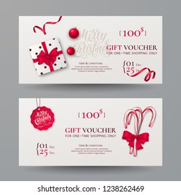 Vector Set Of Gift Vouchers With Candy Canes, Gift Box, Bow, Ribbon And Christmas Toy. Festive Template For Design Of Holiday Certificate Or Card With Lettering Merry Christmas. Isolated On Background