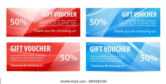 Vector set of gift vouchers with wavy shiny blue, red background. Abstract flow banners, headers