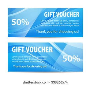 Vector set of gift vouchers with wavy shiny blue background. 