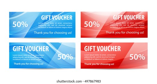 Vector set of gift vouchers with wavy shiny blue and red silk background. Abstract banners, shop gifts
