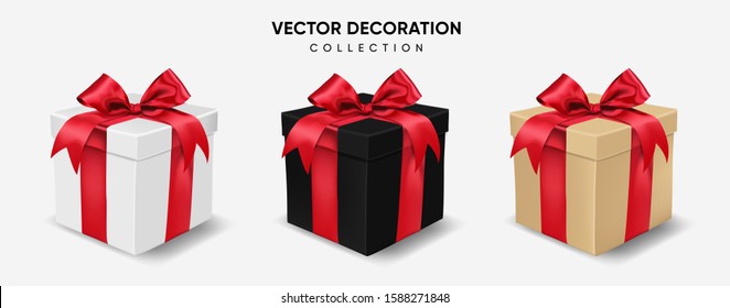 Vector set of gifts box realistic with red bow. Color white, black and brown.