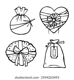 Vector set of gifts of different shapes. Wrapped presents with bows in doodle style