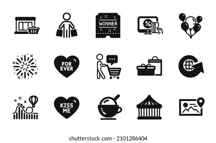Vector set of Gifts, Photo location and World globe icons simple set. Fireworks explosion, Buyer and Buyer think icons. Balloons, Ice cream and Carousels signs. Gifts simple web symbol. Vector