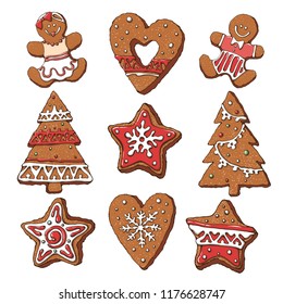 Vector set of ginger bread cookies different forms: christmas tree, heart, stars, boy and girl. Pretty christmas design of tradicional holiday food. Cartoon style.