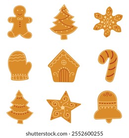 Vector set of gingerbread Christmas cookies. An adorable collection of classic gingerbread cookies - gingerbread man, Christmas tree, snowflake, mitten, lollipop, house, star and bell