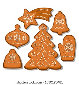 Vector set of gingerbread cookies.  Christmas tree, mitten, bell, cap, star. Collection of homemade holiday cookies. Christmas bakery.