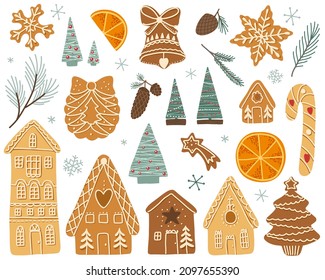 Vector set of gingerbread cookies, Christmas trees, snowflakes, branches, orange slices, New Year's mood, gingerbread houses and figurines