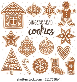 Vector set of gingerbread cookies: house, gingerbread man, stars, snowflakes, Christmas ornaments, sock, mitten, sugar cane and Christmas tree. Collection of homemade holiday cookies. New Year bakery.