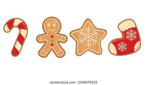 Vector set of gingerbread cute Christmas cookies. Candy cane, star, sock, gingerbread man. Holiday Christmas icons with homemade baked goods.