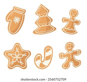 Vector set of gingerbread in different figures. New Year and Christmas treats. Cookie icons. Holiday baking