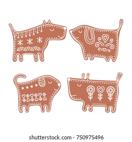 Vector set of gingerbread dogs. Hand drawn cute dogs cookie with doodle ornament. New year style pastry. 