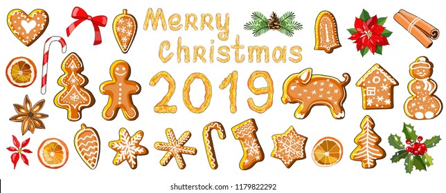 Vector Set of gingerbreads and traditiona lChristmas symbols. Baking text "Merry Christmas, 2019". The pig symbol of the new 2019 year. For your design, announcements, postcards, posters.