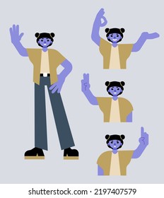 conjunto vectorial de una chica con piel azul en pleno crecimiento y desde la cintura hacia arriba demuestra con sus manos señales bien, paz, saludo, advertencia