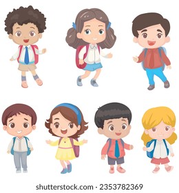 Vector set of girl, boy cartoon character. Illustration group of happy children student school, young cute childhood pupil with backpack smiling. Kindergarten youthful adorable, preschool knowledge. 