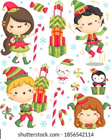 A Vector Set of Girl and Boy in Elf Costume Celebrating Christmas 