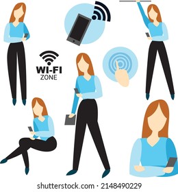 Vektorset von Mädchen mit zellulärer Wi-Fi-Zugangszone
