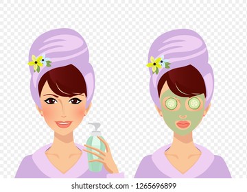 Vector set of girl character with towel turban on head and bathrobe before and after spa cosmetic skincare procedures. Woman puts cream on face and lady with clay mask and cucumber on eyes clip art