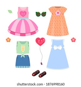 Vector of set of girl dress and cute accessories.