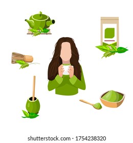 Vector set with a girl drinking match tea. Tea ceremony