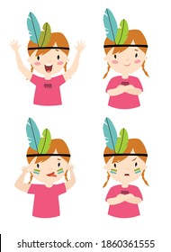 Vector set of girl emotions. Cheerful cartoon girl in a pink T-shirt. Indian girl with feathers on her head
