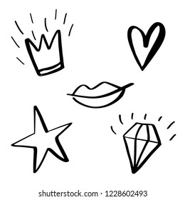 Vector set of girl fashion patches, cute cartoon badges, fun stickers design. Crown, heart, diamond, star and smiling lips doodle icon isolated on white background.