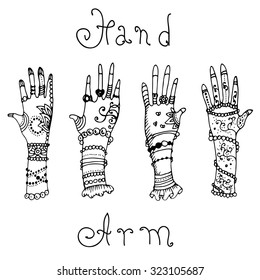 Vector set of girl hands decorated with ornamental paintings and fashion accessories rings, bracelets, beads. On a white background