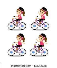 Vector set of girl in helmet riding bikes for excercises